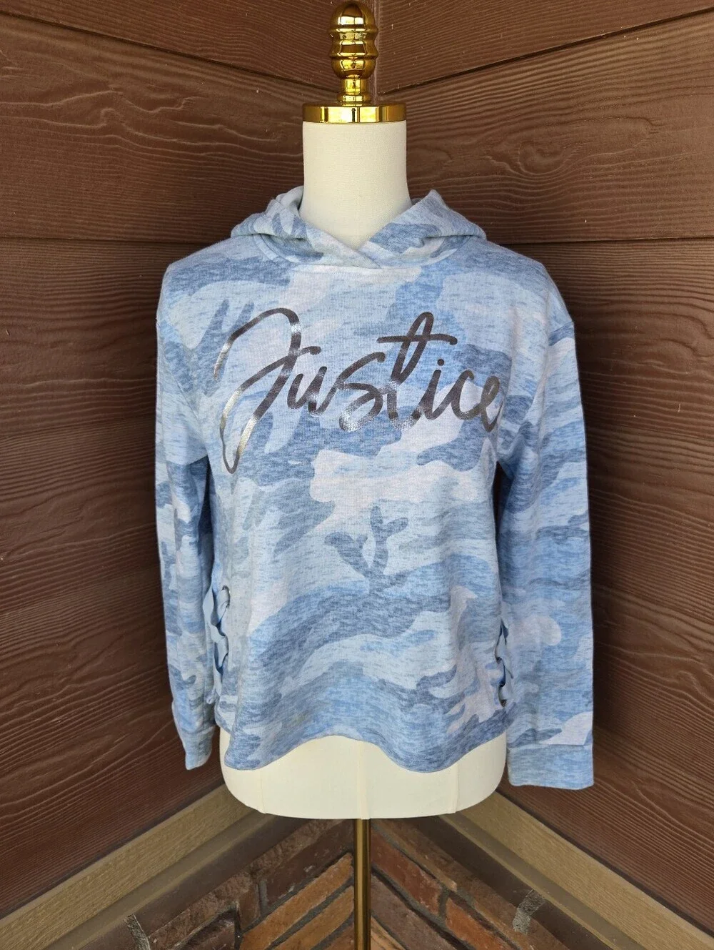 Justice Girls Blue Camo Cropped Hooded Sweatshirt with Silver Foil Chest Logo